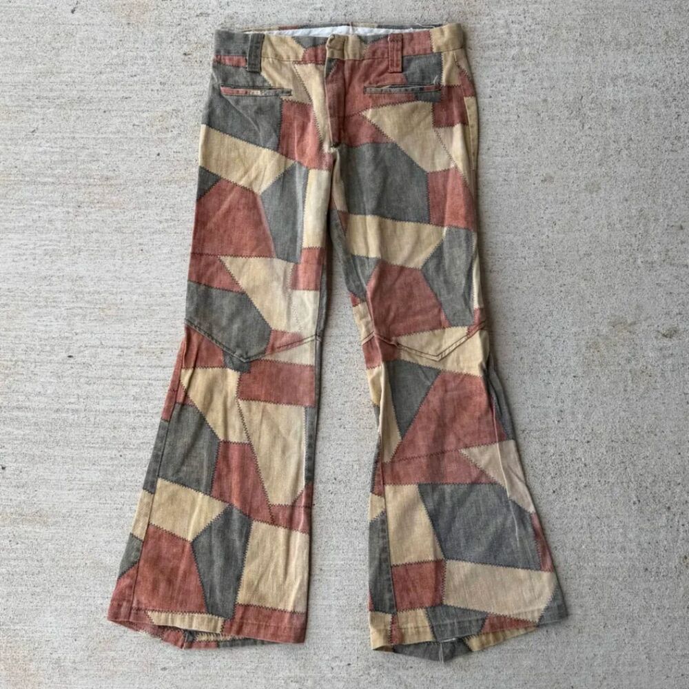 Vintage 1970s Patchwork Geometric Bell Bottom Flare Pants Earth Tone Talon Zip